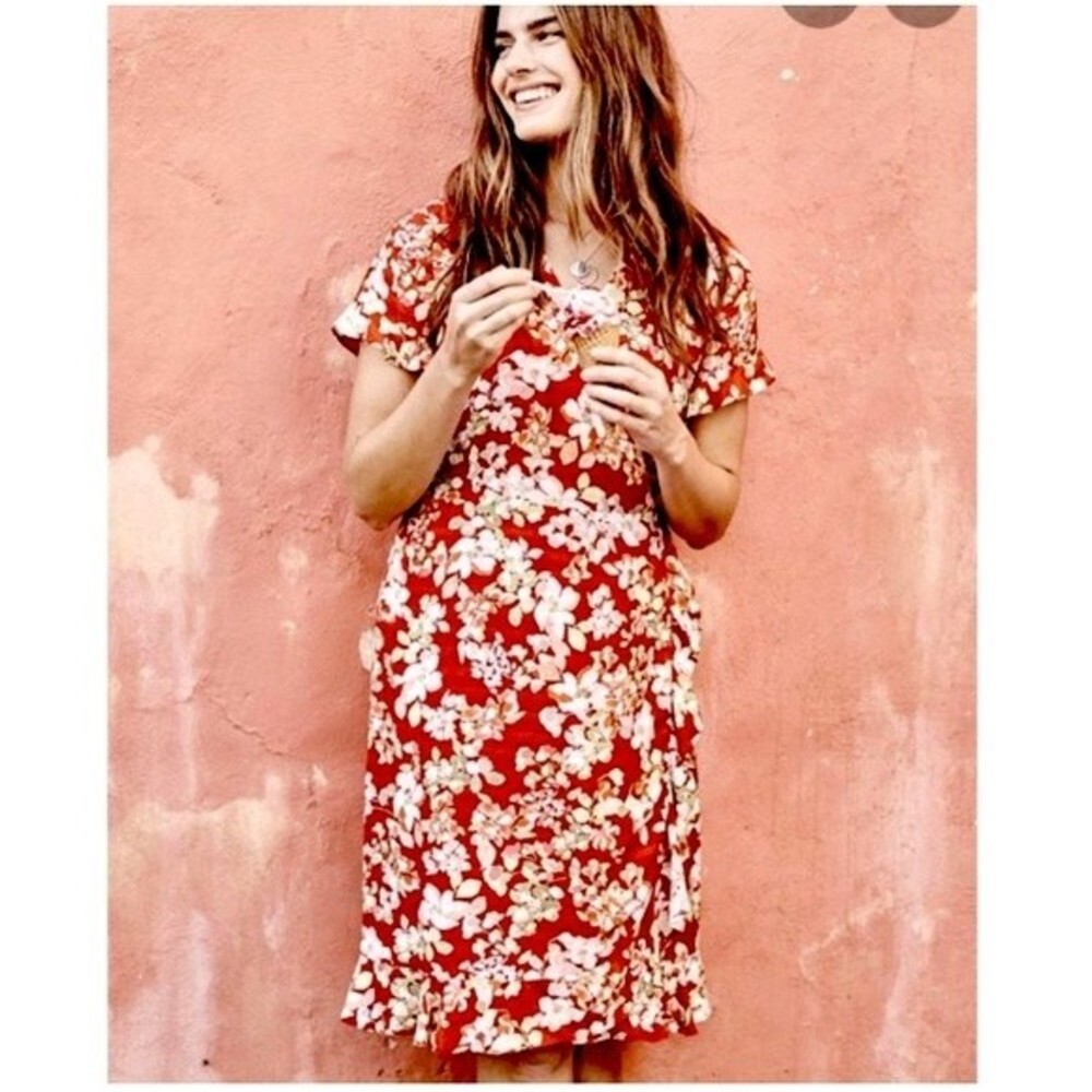 NWT J. Jill Womens Size Small Papaya red floral Rayon ruffle wrap dress